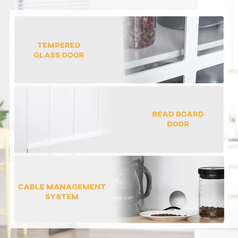 HOMCOM Coastal Style Kitchen Buffet and Hutch Wooden Storage Cabinet with Framed Glass Door, Drawers Microwave Space for Dining Room, Living Room, White