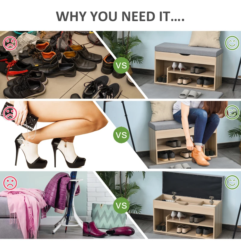 HOMCOM Shoe Storage Bench, Shoe Rack with Padded Cushion, Organizer for Hallway, Entryway,  Living Room, Oak