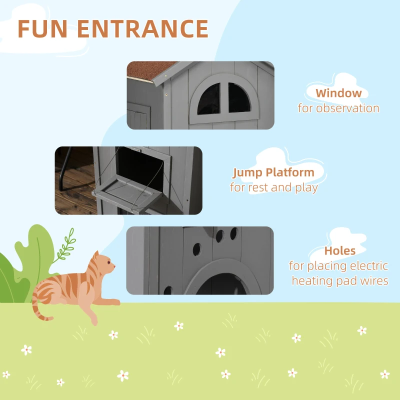 PawHut Solid Wood Cat Condos Natural Water Proof Outdoor 2-Floor Pet Shelter