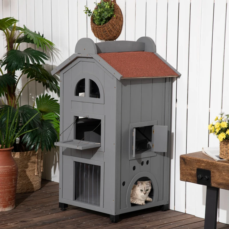PawHut Solid Wood Cat Condos Natural Water Proof Outdoor 2-Floor Pet Shelter