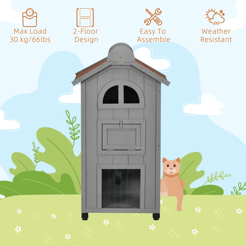 PawHut Solid Wood Cat Condos Natural Water Proof Outdoor 2-Floor Pet Shelter