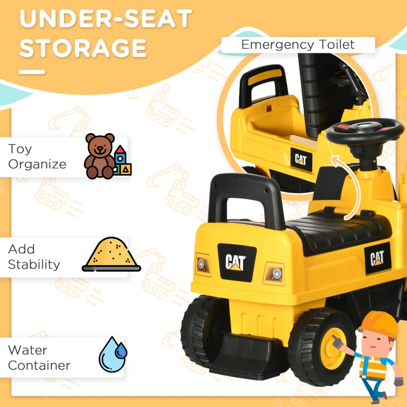 HOMCOM Excavator si compartiment de depozitare, jucarie de calarit pentru copii de la 1-3 ani fara baterie, galben