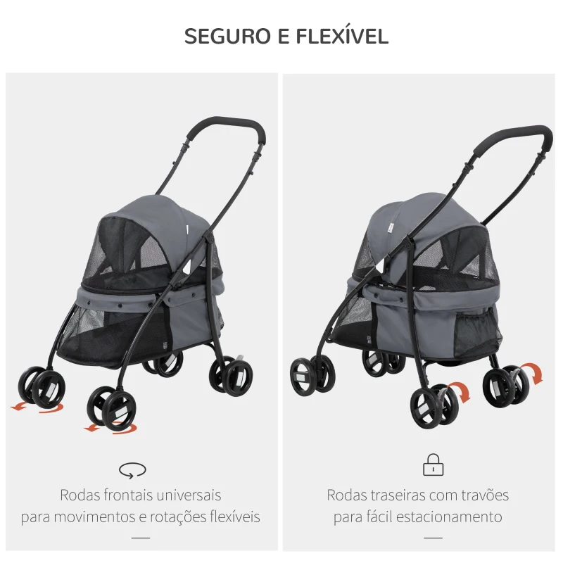 PawHut Carrinho para Animais de Estimação Dobrável com Janela de Malha Almofada Lavável Arnês de Segurança 82x47x97cm Cinza