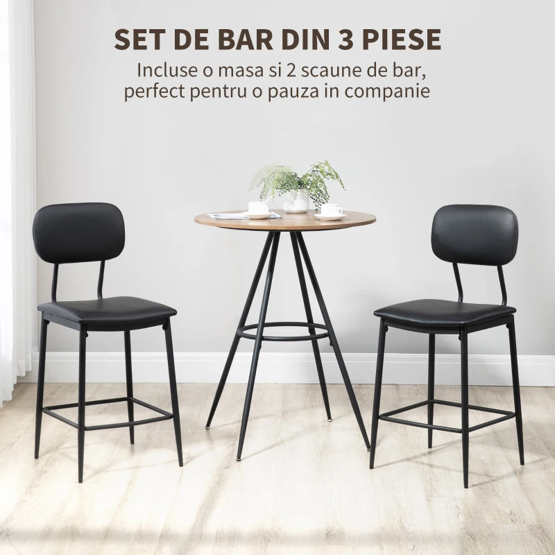 HOMCOM Set de Masa si Scaune de Bar din 3 Piese cu Cadru Metalic Robust, Blat Inalt Biostro Dinette, 2 Scaune Captusite pentru Bucatarie, Spatiu Mic, Asamblare Usoara, Maro