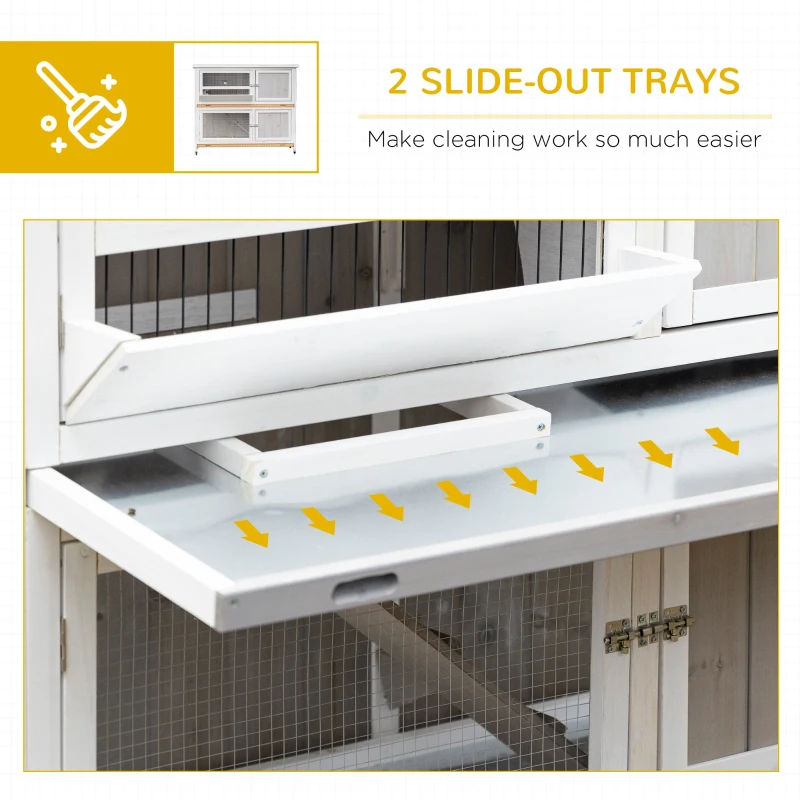 PawHut Wooden Rabbit Hutch Two-Tier Guinea Pig Cage Elevated Multi-Door Pet House Bunny Cage w/ Rain Cover, Wheels, Trough, Ramp, Slide-Out Tray  - Grey