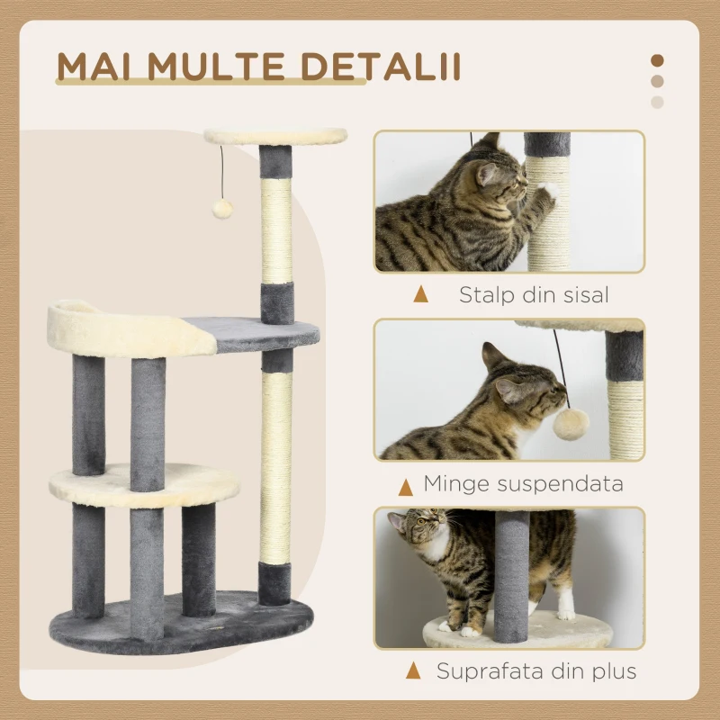 Pawhut Ansamblu Joaca Pisici 60 cm – Turn cu Platforme & Cilindri de Zgariat