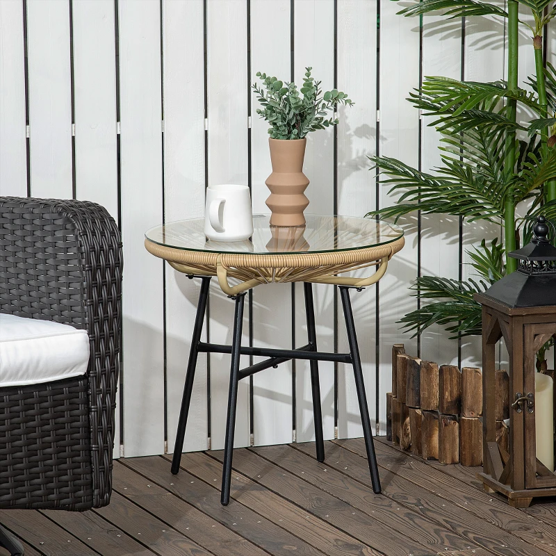 Outsunny Masa laterala din ratan, Masuta rotunda de cafea pentru exterior, cu ratan rotund PE si blat din sticla securizata pentru terasa, gradina, balcon, negru