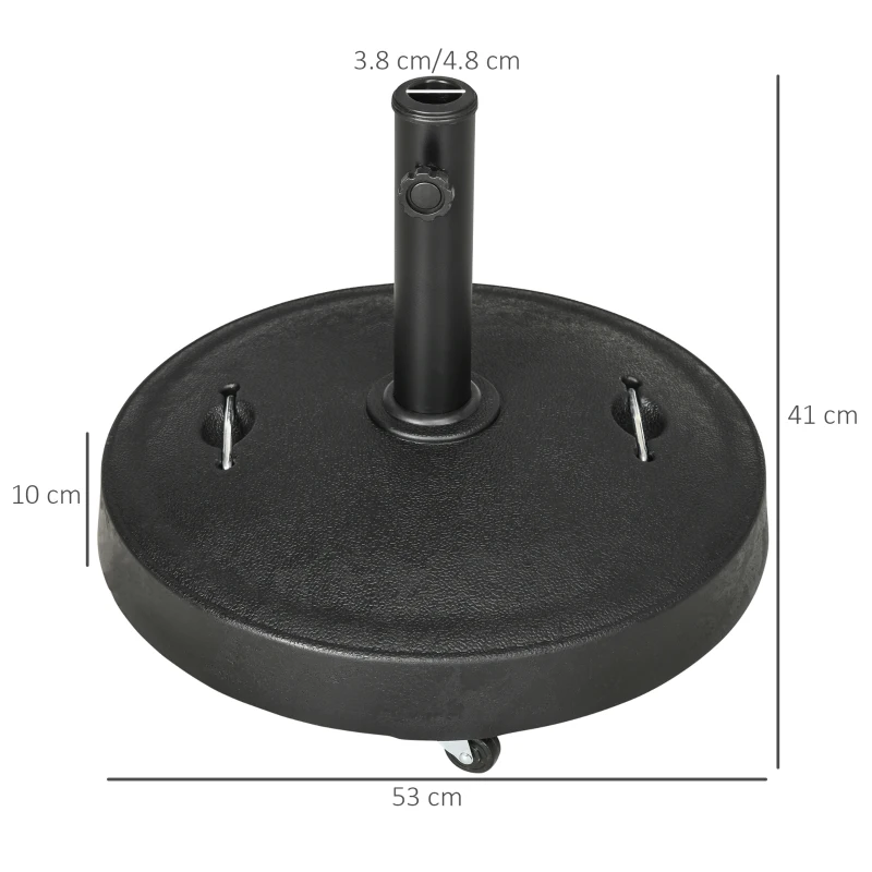 Outsunny 23.5kg Resin Garden Parasol Base with Wheels and Retractable Handles, Round Outdoor Market Umbrella Stand Weight for Poles of Φ38mm to Φ48mm, Black