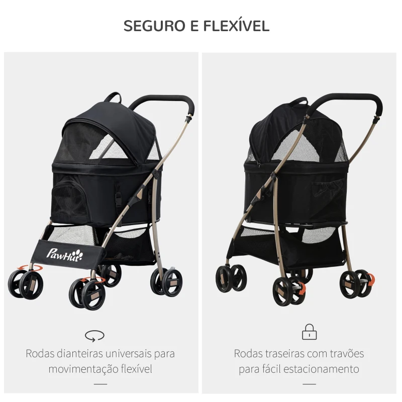 PawHut Carrinho para Animais de Estimação 3 em 1 Dobrável com Bolsa de Transporte Cesta de Armazenamento e Travão 82x49,5x98cm Preto
