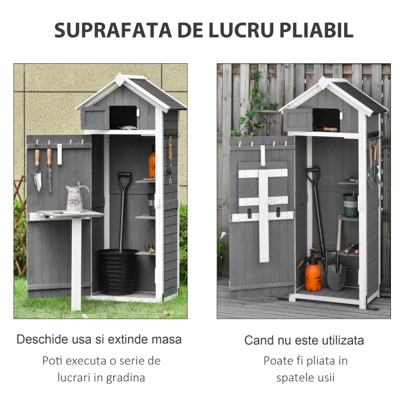 HOMCOM Magazie pentru gradina pentru scule din lemn de brad cu raft detasabil, masuta de lucru si acoperis din bitum, 78x52.5x182 cm, gri(m-5)