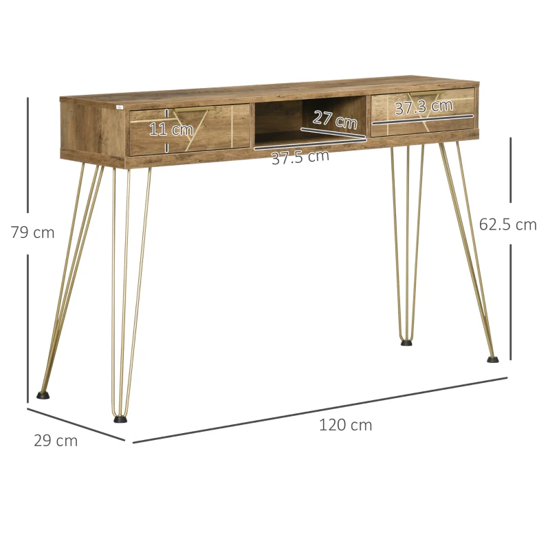 HOMCOM Consola din PAL si otel pentru intrare si living, raft deschis si 2 sertare, 120x29x79 cm, bronz