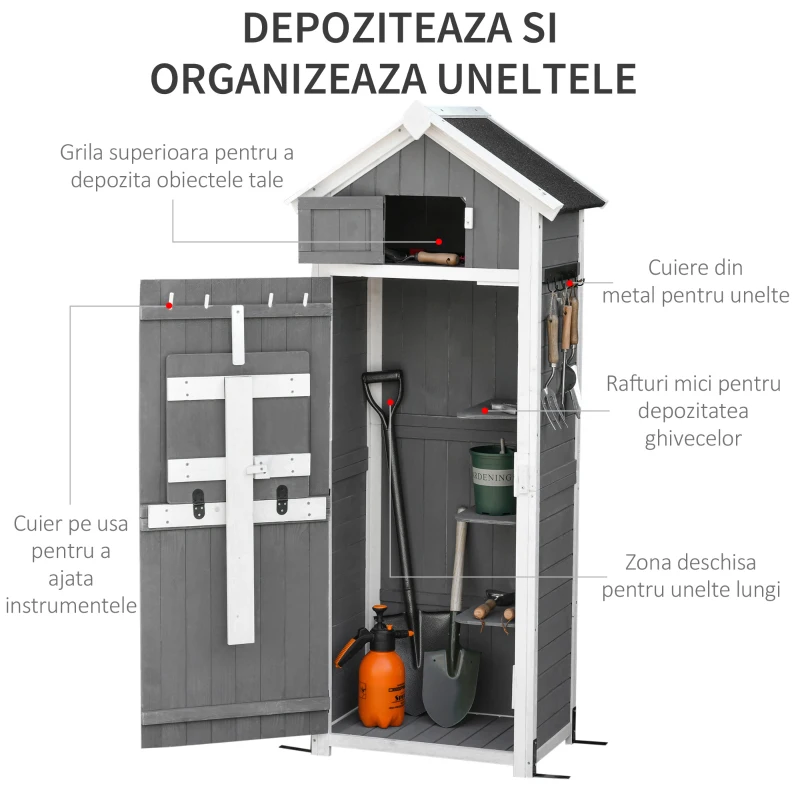 HOMCOM Magazie pentru gradina pentru scule din lemn de brad cu raft detasabil, masuta de lucru si acoperis din bitum, 78x52.5x182 cm, gri(m-4)