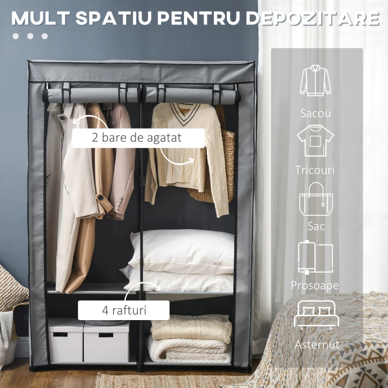 Homcom Dulap Portabil – Gri, cu 4 Rafturi, 2 Umerase & Usa