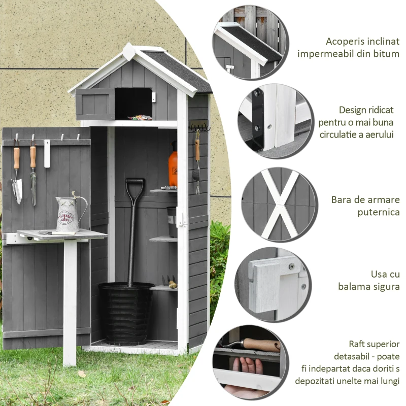 HOMCOM Magazie pentru gradina pentru scule din lemn de brad cu raft detasabil, masuta de lucru si acoperis din bitum, 78x52.5x182 cm, gri(m-6)