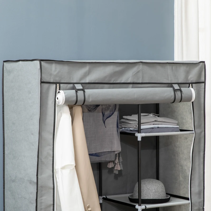 HOMCOM Dulap portabil din otel, PP cu 6 rafturi deschise, 1 cuier si usa cu balamale, 103x43x162,5 cm, gri