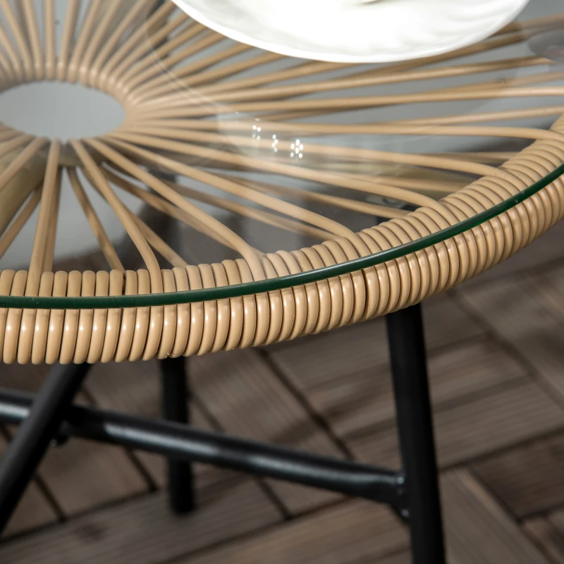 Outsunny Masa laterala din ratan, Masuta rotunda de cafea pentru exterior, cu ratan rotund PE si blat din sticla securizata pentru terasa, gradina, balcon, negru