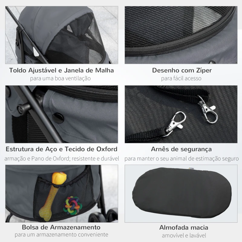 PawHut Carrinho para Animais de Estimação Dobrável com Janela de Malha Almofada Lavável Arnês de Segurança 82x47x97cm Cinza