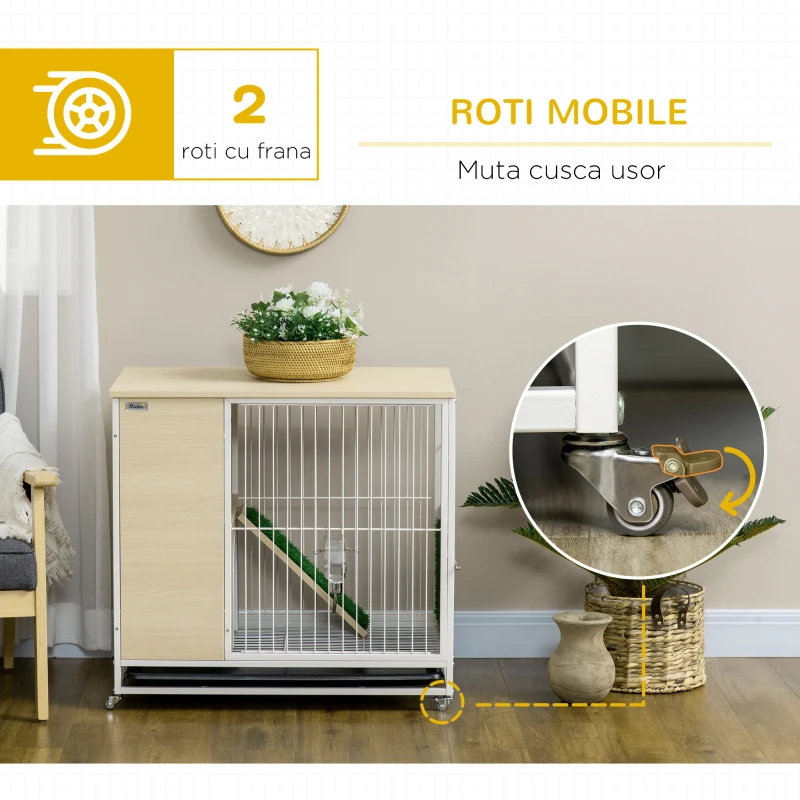 PawHut Cusca pentru iepuri mobilier cu roti, Cusca pentru iepurasi masa laterala cu tavita detasabila, acces prin partea superioara, 78 x 52.5 x 76.5 cm, stejar