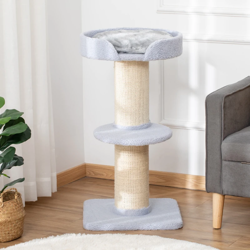 PawHut Ansamblu de joaca pentru pisici cu culcus, perna si tapiterie din plus, stalp din franghie de sisal, 45x45x91cm, albastru deschis