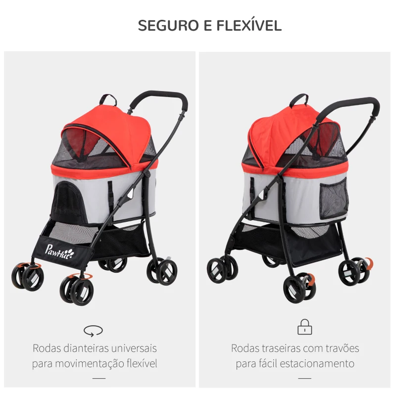 PawHut Carrinho para Animais de Estimação 3 em 1 Dobrável com Bolsa de Transporte Cesta de Armazenamento e Travão 82x49,5x98cm Vermelho
