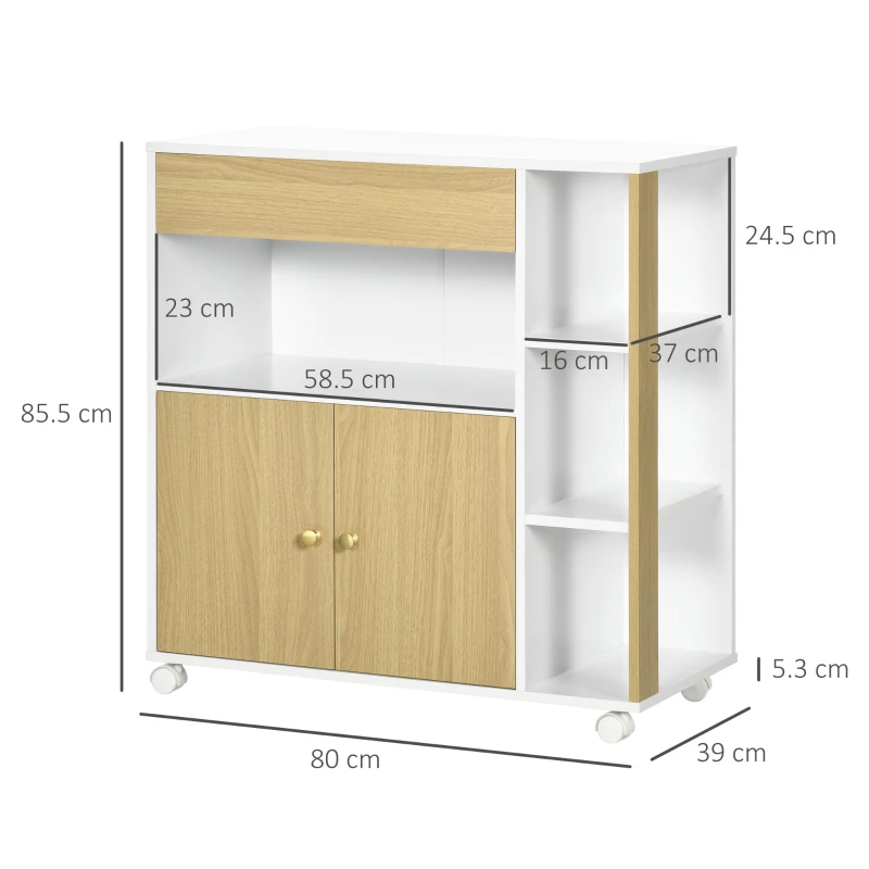 HOMCOM Carucior de bucatarie din PAL cu 4 rafturi deschise, un sertar si un dulap cu 2 usi, 80x39x85,5 cm, alb si stejar
