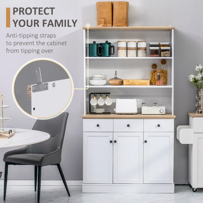 HOMCOM Bufet de bucatarie din lemn alb cu 3 compartimente deschise, 3 sertare si 2 dulapuri 101x39x180,5 cm