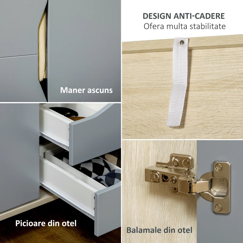 HOMCOM Dulap cu 2 usi din PAL si MDF cu sina pentru agatat, 3 rafturi si 2 sertare pentru sufragerie si dormitor, 88,9x50,1x184,5 cm(m-6)