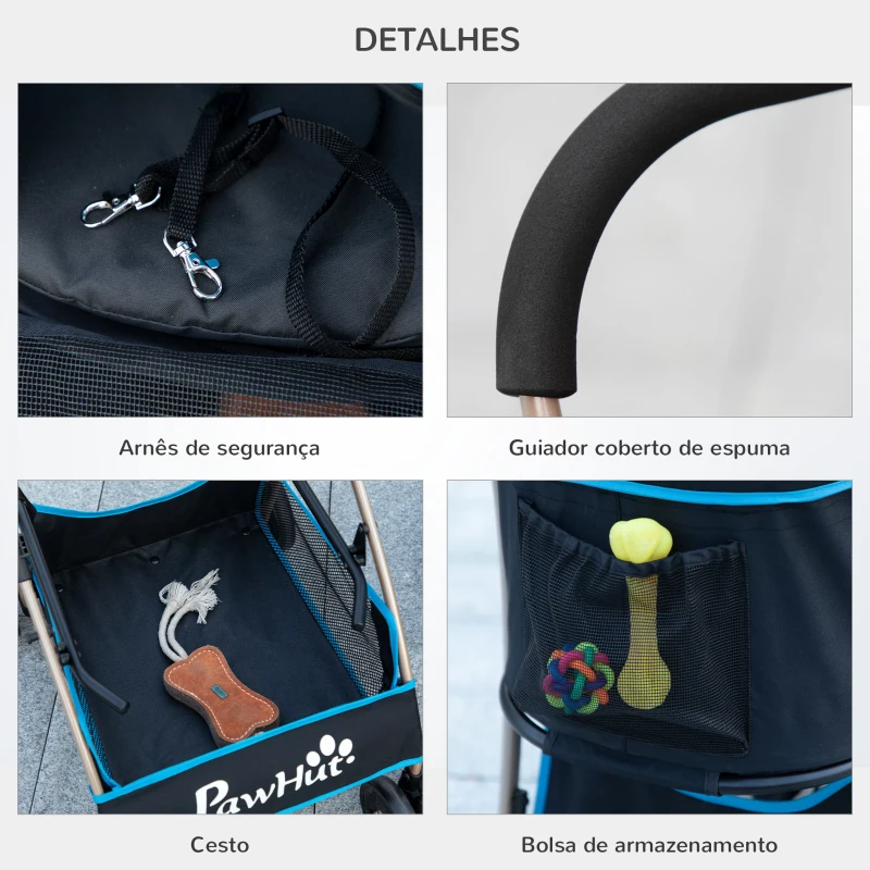 PawHut Carrinho para Animais de Estimação 3 em 1 Dobrável com Bolsa de Transporte Cesta de Armazenamento e Travão 82x49,5x98cm Azul