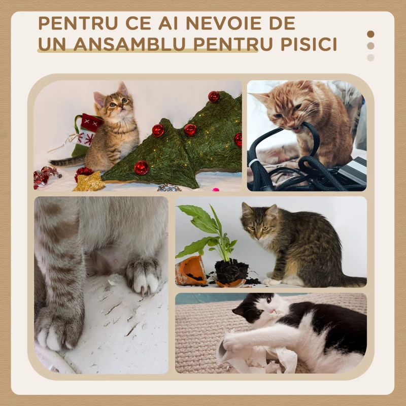 Pawhut Ansamblu Joaca Pisici 60 cm – Turn cu Platforme & Cilindri de Zgariat