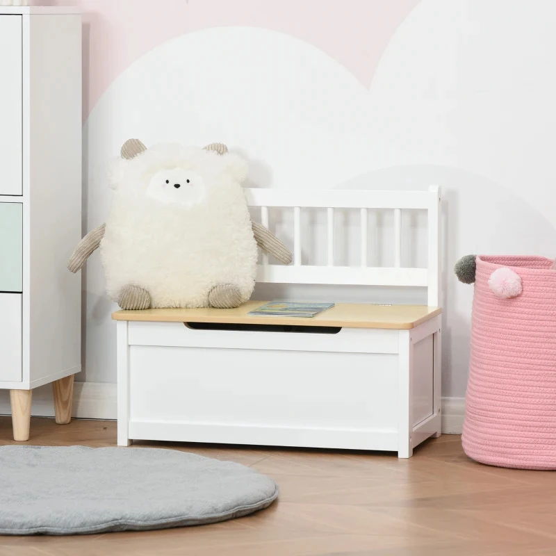HOMCOM Organizador de Brinquedos para crianças acima de 2 anos Banco de Armazenamento Infantil de Madeira de Pinho com Tampa de Amortecimento e Encosto Alto para Sala de Jogos quarto 60x30x50cm Banco