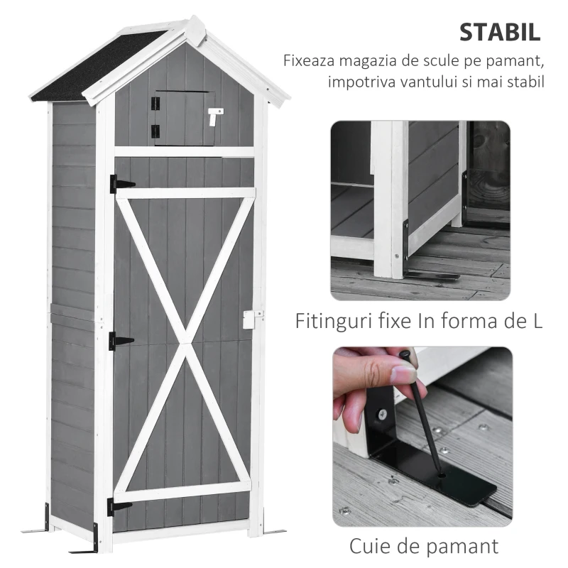 HOMCOM Magazie pentru gradina pentru scule din lemn de brad cu raft detasabil, masuta de lucru si acoperis din bitum, 78x52.5x182 cm, gri(m-7)