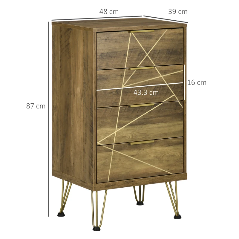 HOMCOM Comoda cu 4 sertare din PAL si picioare din otel pentru dormitor si sufragerie, 48x39x87cm, lemn si auriu