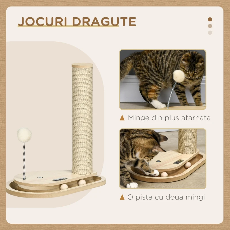 PawHut Stalp de zgariat din PAL si iuta pentru pisici 4kg max cu mingi de joc incluse, 35x23x40 cm, culoare stejar