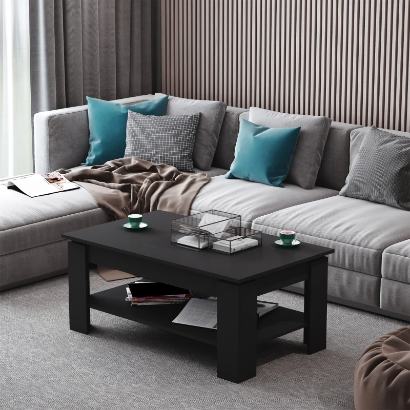 HOMCOM Masa pentru Cafea Joasa pe 2 Niveluri in Lemn Negru 110x65x47cm