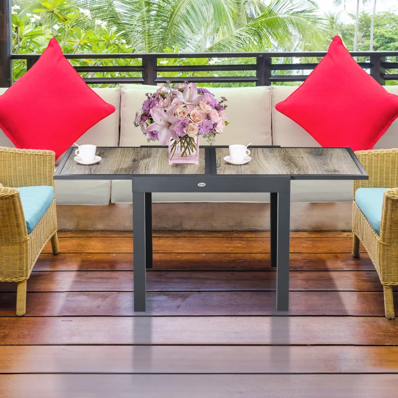 Outsunny Extending Garden Table, Outdoor Dining Table for 6, Aluminium Frame Rectangular Patio Table with Plastic Board Tabletop,80/160L x 80W x 75H cm, Beige