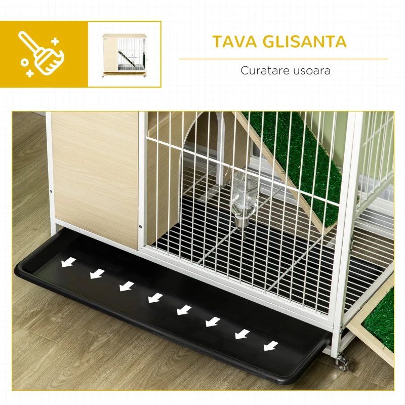 PawHut Cusca pentru iepuri mobilier cu roti, Cusca pentru iepurasi masa laterala cu tavita detasabila, acces prin partea superioara, 78 x 52.5 x 76.5 cm, stejar