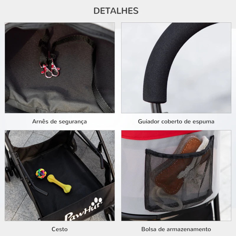PawHut Carrinho para Animais de Estimação 3 em 1 Dobrável com Bolsa de Transporte Cesta de Armazenamento e Travão 82x49,5x98cm Vermelho