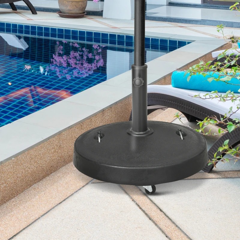 Outsunny 23.5kg Resin Garden Parasol Base with Wheels and Retractable Handles, Round Outdoor Market Umbrella Stand Weight for Poles of Φ38mm to Φ48mm, Black