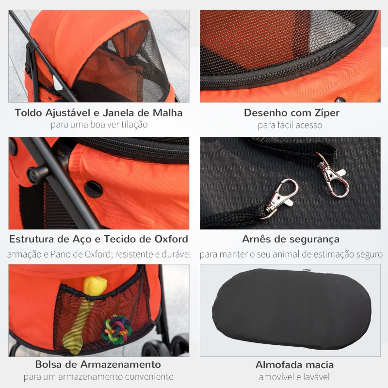 PawHut Carrinho para Animais de Estimação Dobrável com Janela de Malha Almofada Lavável Arnês de Segurança 82x47x97cm Vermelho