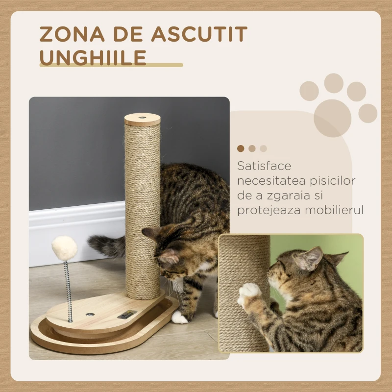 PawHut Stalp de zgariat din PAL si iuta pentru pisici 4kg max cu mingi de joc incluse, 35x23x40 cm, culoare stejar