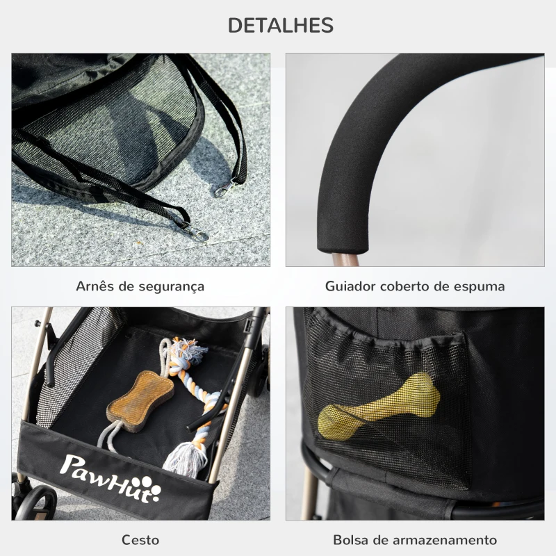 PawHut Carrinho para Animais de Estimação 3 em 1 Dobrável com Bolsa de Transporte Cesta de Armazenamento e Travão 82x49,5x98cm Preto