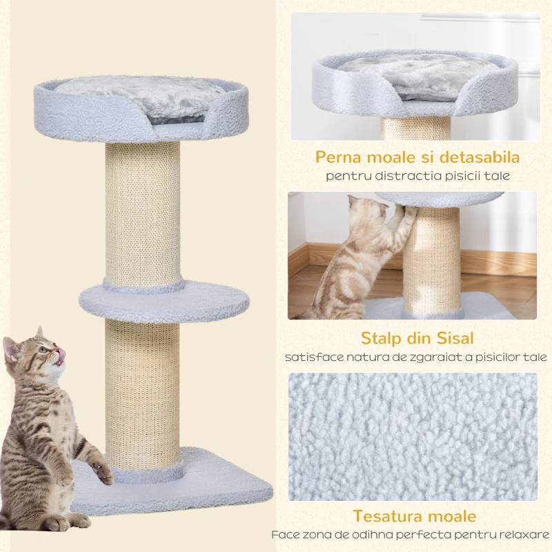 PawHut Ansamblu de joaca pentru pisici cu culcus, perna si tapiterie din plus, stalp din franghie de sisal, 45x45x91cm, albastru deschis