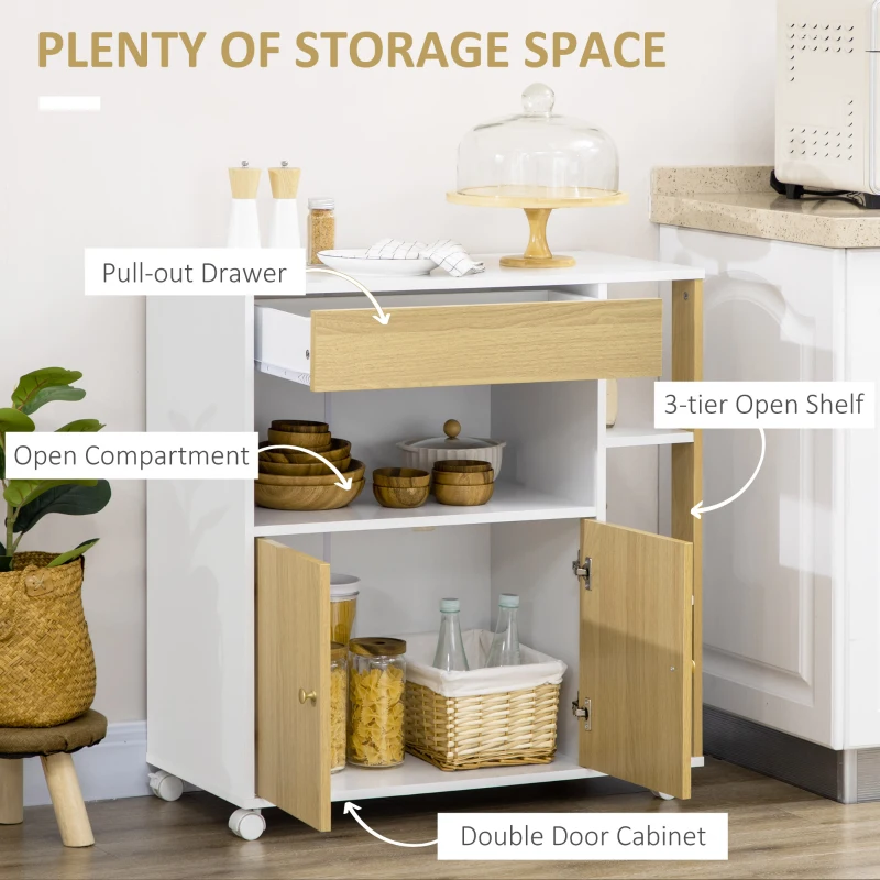 HOMCOM Carucior de bucatarie din PAL cu 4 rafturi deschise, un sertar si un dulap cu 2 usi, 80x39x85,5 cm, alb si stejar