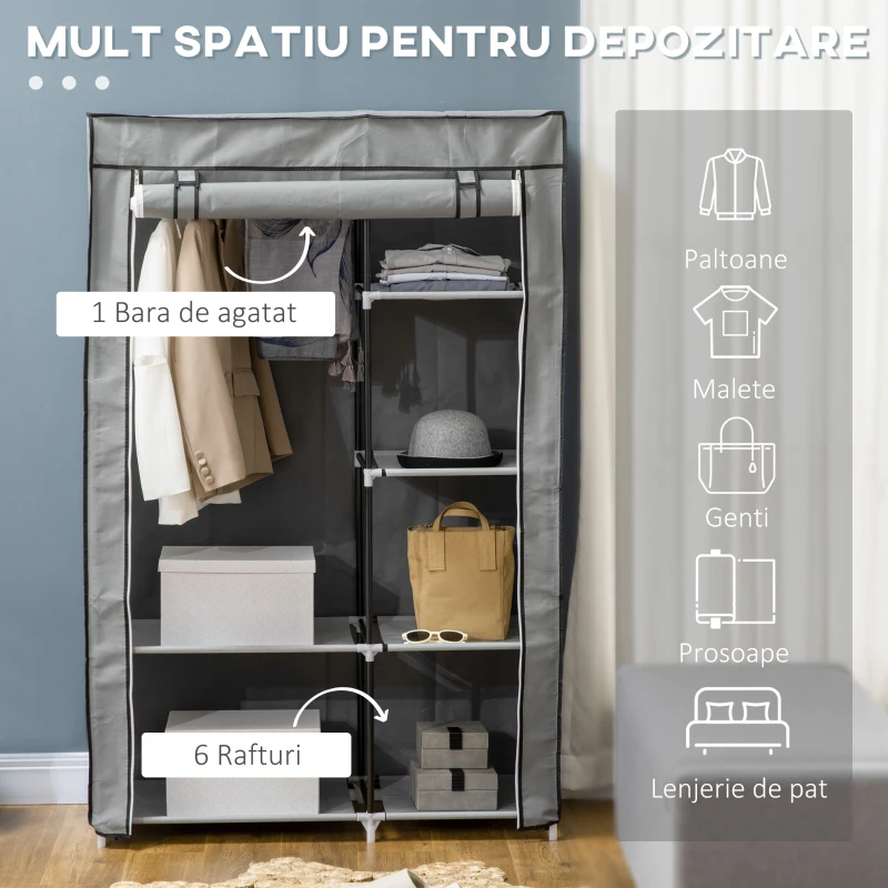 HOMCOM Dulap portabil din otel, PP cu 6 rafturi deschise, 1 cuier si usa cu balamale, 103x43x162,5 cm, gri
