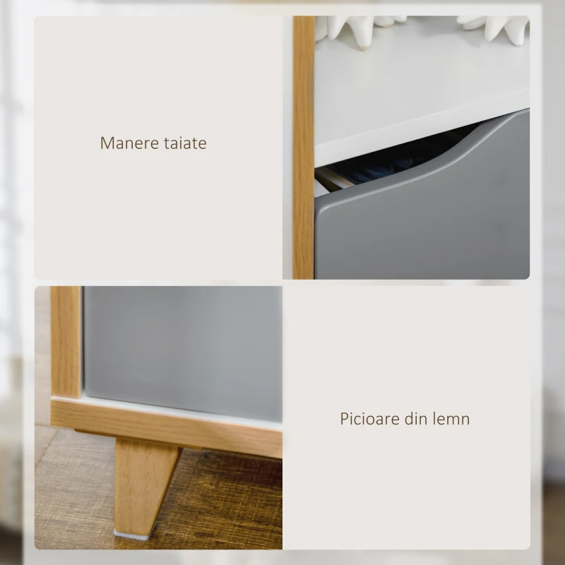 HOMCOM Set de 2 noptiere moderne cu sertar si raft, noptiere din lemn MDF, 36,8x33x43,8cm, alb si gri