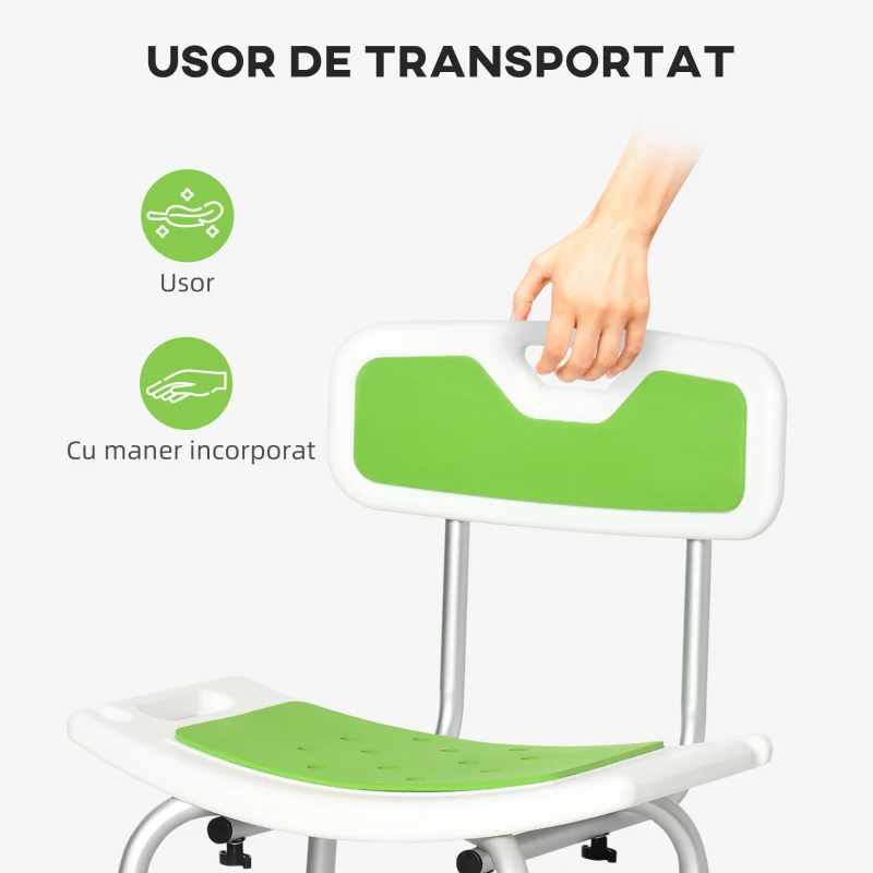 HOMCOM Scaun de dus pentru persoane in varsta, scaun de dus reglabil pe inaltime pe 6 nivele cu spatar, scaun curbat, suport pentru picioare anti-alunecare si suport pentru cap de dus, verde