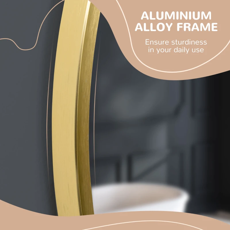 kleankin Oglinda de baie rotunda cu rama, oglinda de perete din aliaj de aluminiu pentru hol si dormitor, Ø50x2cm, auriu