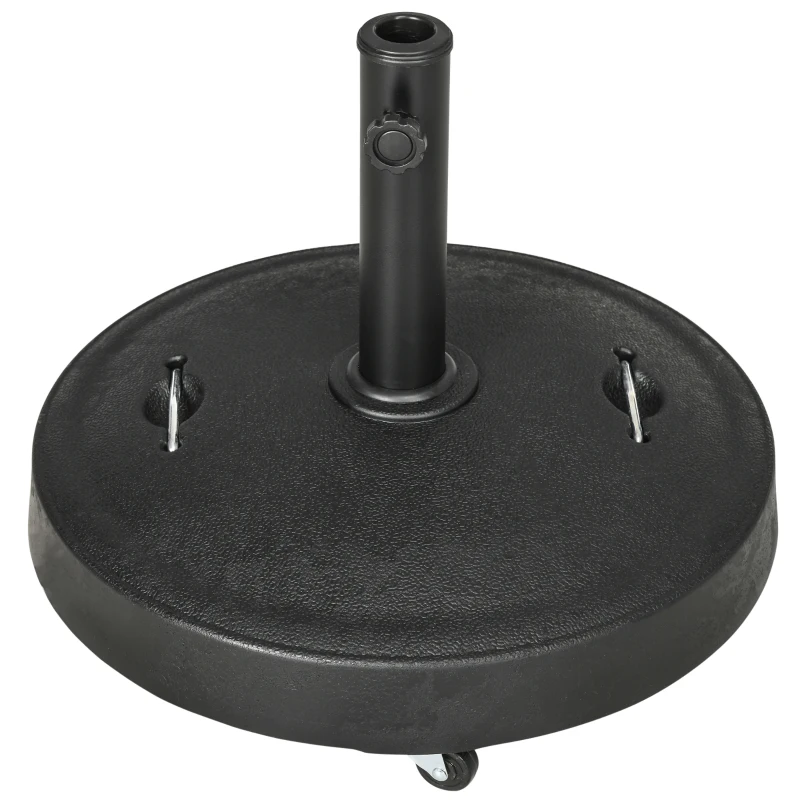 Outsunny 23.5kg Resin Garden Parasol Base with Wheels and Retractable Handles, Round Outdoor Market Umbrella Stand Weight for Poles of Φ38mm to Φ48mm, Black
