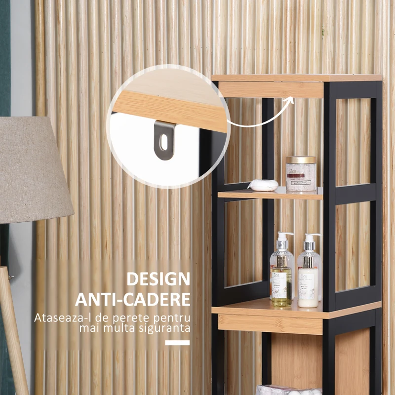 Kleankin Dulap de baie cu 2 sertare si 3 compartimente deschise, mobilier baie din lemn MDF si bambus 30x30x144,3 cm, culoare lemnului