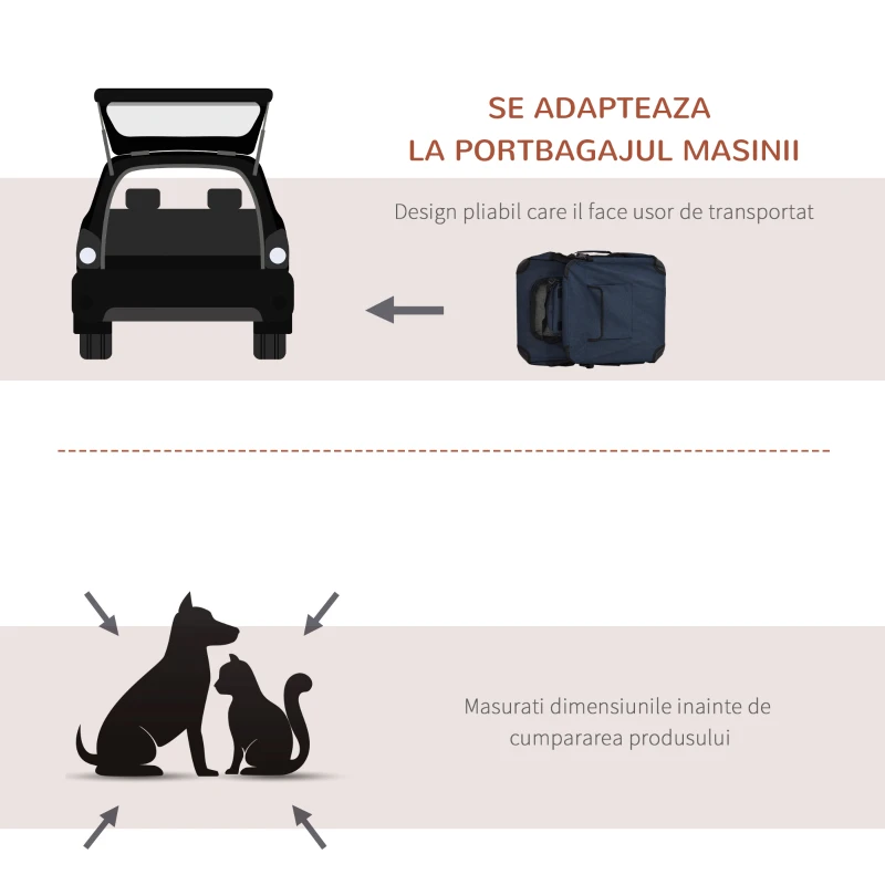 PawHut Geanta pentru caini mici si mini cu 3 intrari, cu perna si pungi de depozitare, din material Oxford albastru si metal, 70x51x50 cm